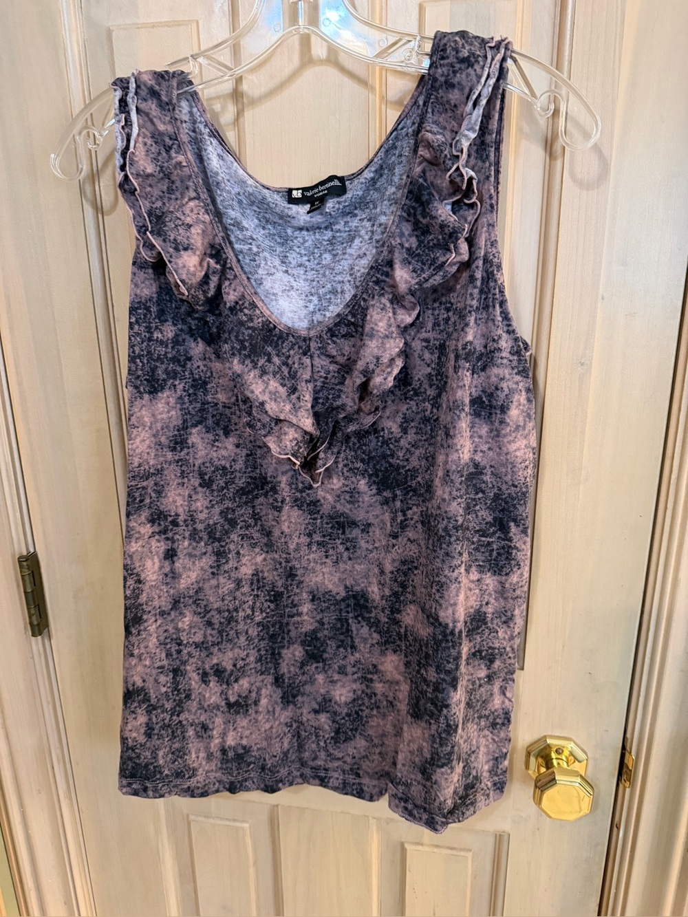 Sleeveless Ruffle V-Neck Tank Top - Pink & Black 1X Valerie Bertenelli